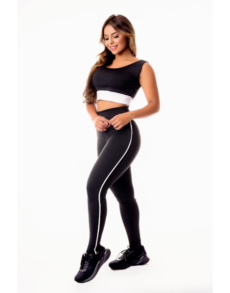 Conjunto Fitness Feminino Calça Legging Preta Com Detalhe em Vivo Branco Cintura Alta e Cropped Regata Academia REF: CSV19 Conjunto Fitness Feminino Calça Legging Preta Com Detalhe em Vivo Branco Cintura Alta e Cropped Regata Academia REF: CSV19