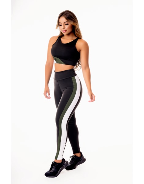 Conjunto Fitness Feminino Calça Legging Preta com Faixas Verde Militar e Branco Cintura Alta e Cropped Regata Academia REF: CSV29