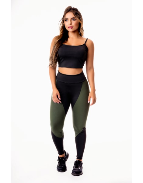 Conjunto Fitness Feminino Calça Legging Preta com Verde Militar Cintura Alta e Cropped Alcinha Academia REF: CSV3 Conjunto Fitness Feminino Calça Legging Preta com Verde Militar Cintura Alta e Cropped Alcinha Academia REF: CSV3
