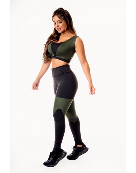 Conjunto Fitness Feminino Calça Legging Preta com Verde Militar Cintura Alta e Cropped Regata Academia REF: CSV1