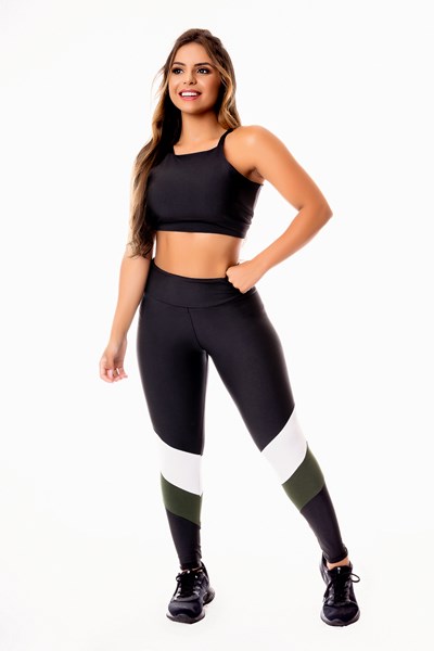 Calça Legging Fitness Academia Preta com Verde Militar e Vivo Branco  Cintura Alta REF: SV48 - Racy Modas