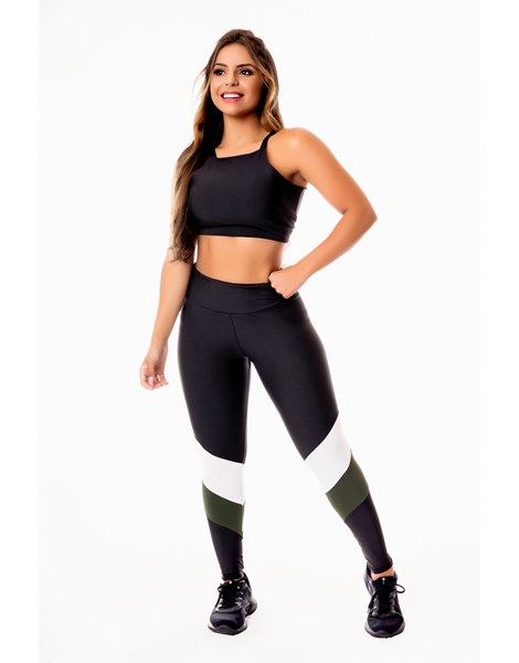 Conjunto Fitness Feminino Calça Legging Preta com Verde Militar e Branco Cintura Alta e Cropped Alcinha Academia REF: CSV5