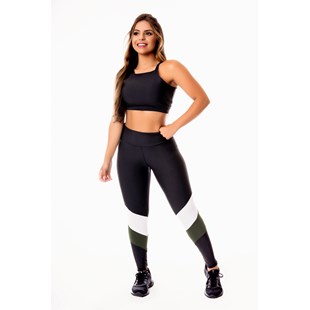 Conjunto Fitness Feminino Calça Legging Preta com Verde Militar e Branco Cintura Alta e Cropped Alcinha Academia REF: CSV5