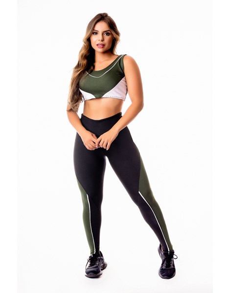 Conjunto Fitness Feminino Calça Legging Preta com Verde Militar e Vivo Branco Cintura Alta e Cropped Regata Academia REF: CSV27