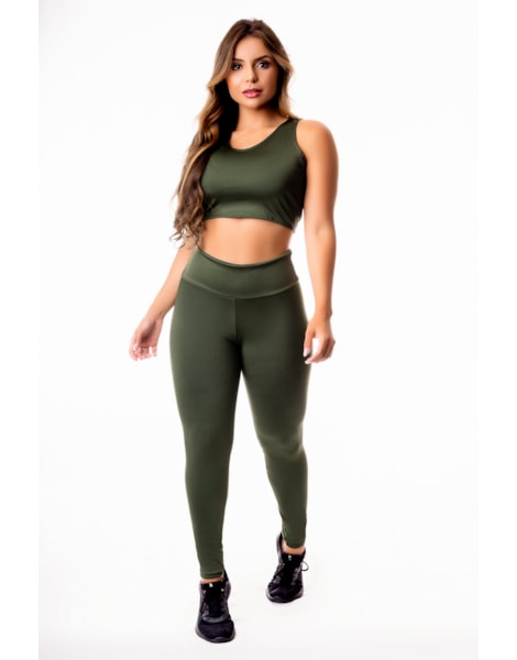 Conjunto Fitness Feminino Calça Legging Verde Militar Cintura Alta e Cropped Regata Academia REF: CSV23