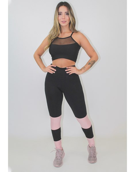Conjunto Fitness Feminino Cropped Transparencia Calça Preto com Rosê REF: LX146