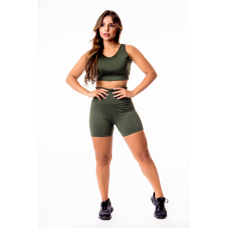 Conjunto Fitness Feminino Short Cintura Alta e Cropped Regata Verde Militar Academia REF: CSV22