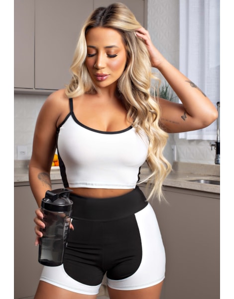 Conjunto Fitness Feminino Short Preto com Branco Cintura Alta e Cropped Alcinha Academia REF: CSV24 Conjunto Fitness Feminino Short Preto com Branco Cintura Alta e Cropped Alcinha Academia REF: CSV24
