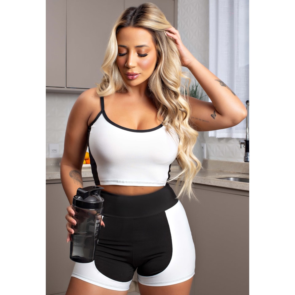 Conjunto Fitness Feminino Short Preto com Branco Cintura Alta e