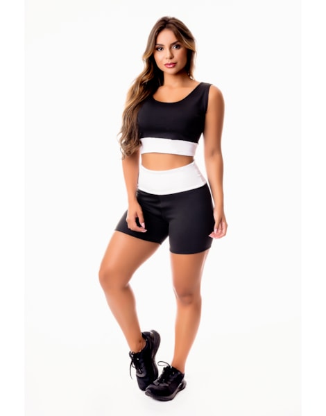 Conjunto Fitness Feminino Short Preto com Branco Cintura Alta e Cropped Regata Academia REF: CSV18