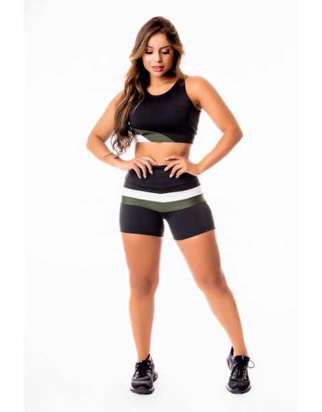 Conjunto Fitness Feminino Short Preto com Branco e Verde Militar Cintura Alta e Cropped Regata Preto com Verde e Branco | CSV28