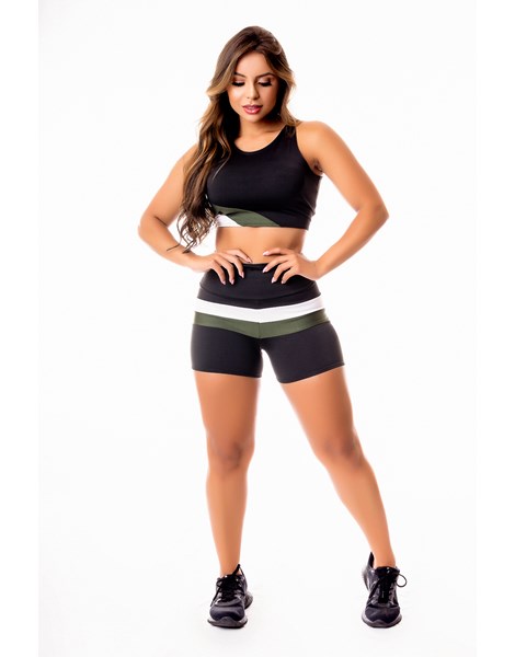 Conjunto Fitness Feminino Short Preto com Branco e Verde Militar Cintura Alta e Cropped Regata Preto com Verde e Branco | CSV28