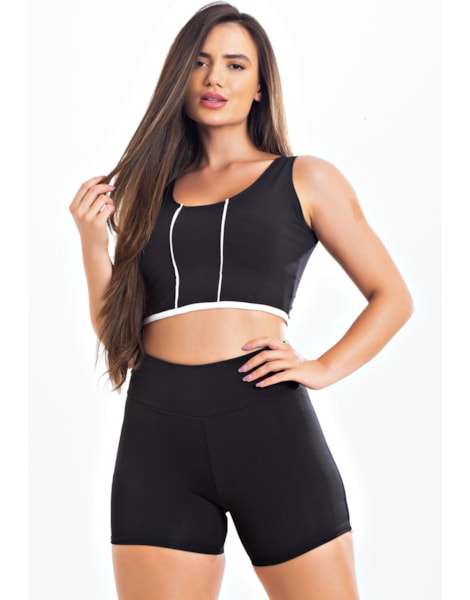 Conjunto Fitness Feminino Short Preto com Detalhe em Vivo Branco Cintura Alta e Cropped Regata Academia REF: CSV20