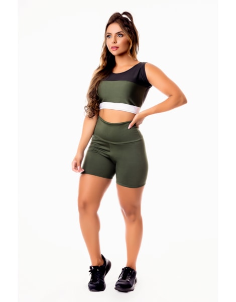 Conjunto Fitness Feminino Short Verde Militar Cintura Alta e Cropped Regata com Detalhes Pretoe Branco Academia REF: CSV13