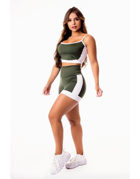 Conjunto Fitness Feminino Short Verde Militar com Branco Cintura Alta e Cropped Alcinha Academia REF: CSV16