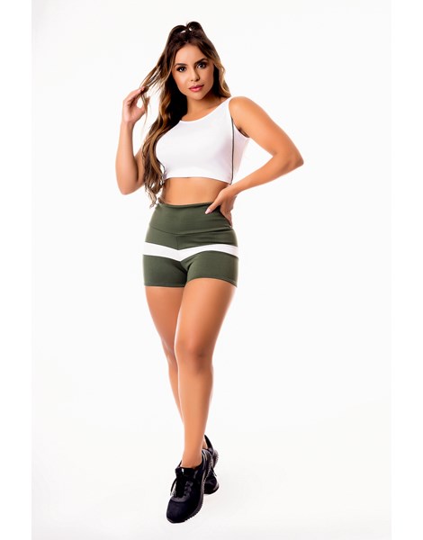 Conjunto Fitness Feminino Short Verde Militar com Branco Cintura Alta e Cropped Regata Branco com Detalhes em Vivo Academia REF: CSV8