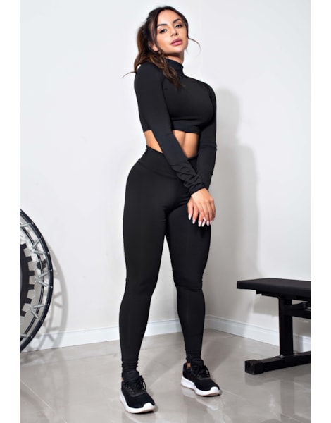 Conjunto Fitness Fitness Cropped Manga Longa e Calça Legging Preto REF: LX103