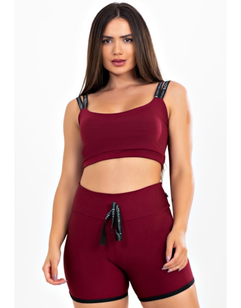 Conjunto Fitness Short Cintura Alta com Cardaço Fake + Cropped Marsala Alça Dupla REF: CCA7 Conjunto Fitness Short Cintura Alta com Cardaço Fake + Cropped Marsala Alça Dupla REF: CCA7