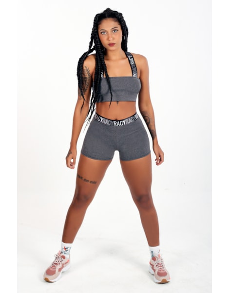 Conjunto Fitness Short Cintura Alta + Cropped Cinza Mescla com Elástico Racy REF: CCA224 Conjunto Fitness Short Cintura Alta + Cropped Cinza Mescla com Elástico Racy REF: CCA224