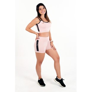 Conjunto Fitness Short Cintura Alta + Cropped Rose Alça Dupla e Elásticos Racy REF: CCA6