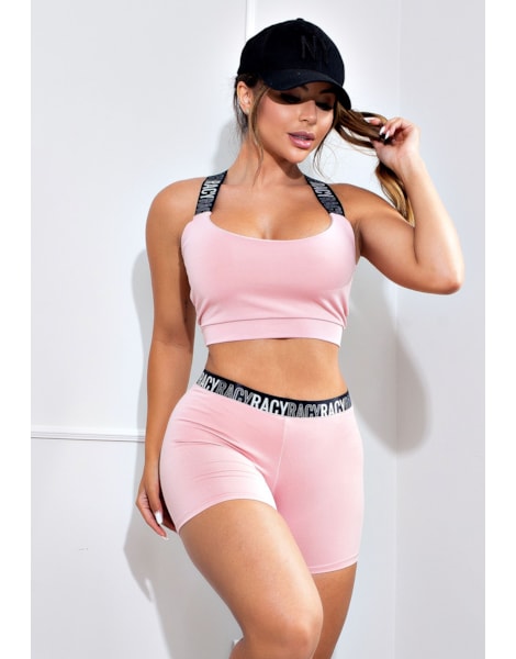 Conjunto Fitness Short + Cropped Elástic Racy Cinza Rose REF: FRD7 Conjunto Fitness Short + Cropped Elástic Racy Cinza Rose REF: FRD7