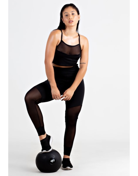 Conjunto Fitness Top Cropped e Calça Legging Detalhe Transparente REF: LX117 Conjunto Fitness Top Cropped e Calça Legging Detalhe Transparente REF: LX117