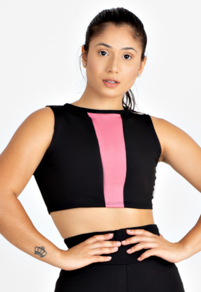 Cropped Fitness Longo Preto com Rosê REF: LX90