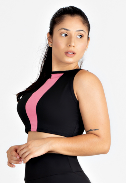 Cropped Fitness Longo Preto com Rosê REF: LX90