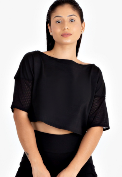Cropped Fitness Preto com Detalhe Tela REF: LX82
