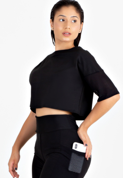 Cropped Fitness Preto com Detalhe Tela REF: LX82