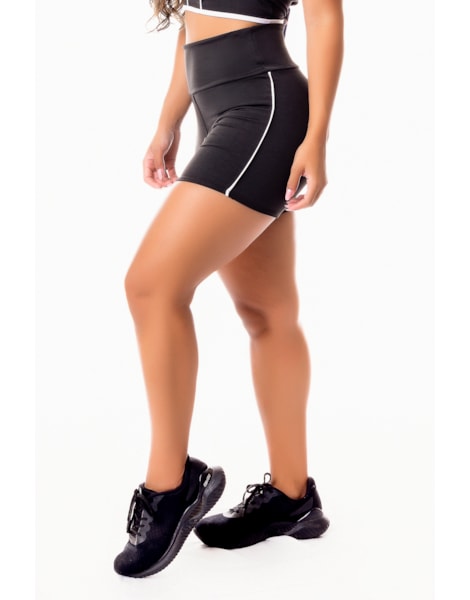 Short Fitness Academia Preto com Branco Cintura Alta REF: SV35 Short Fitness Academia Preto com Branco Cintura Alta REF: SV35