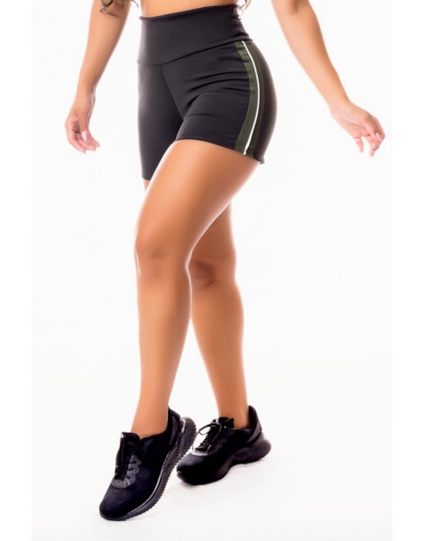 Short Fitness Academia Preto com Branco e Verde Militar Cintura Alta REF: SV44 Short Fitness Academia Preto com Branco e Verde Militar Cintura Alta REF: SV44