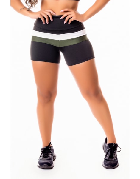 Short Fitness Academia Preto com Branco e Verde Militar Cintura Alta REF: SV46 Short Fitness Academia Preto com Branco e Verde Militar Cintura Alta REF: SV46