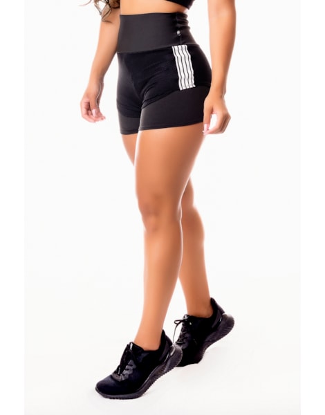 Short Fitness Academia Preto com Tela Dry Fit e Elástico Branco Cintura Alta REF: SV8 Short Fitness Academia Preto com Tela Dry Fit e Elástico Branco Cintura Alta REF: SV8