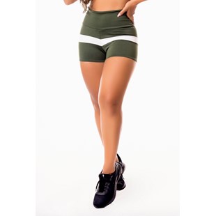 Short Fitness Academia Verde Militar com Branco Cintura Alta REF: SV16