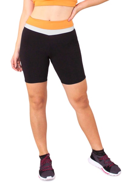 Short Fitness Preto Detalhe Cintura Amarelo e Branco REF: LC37