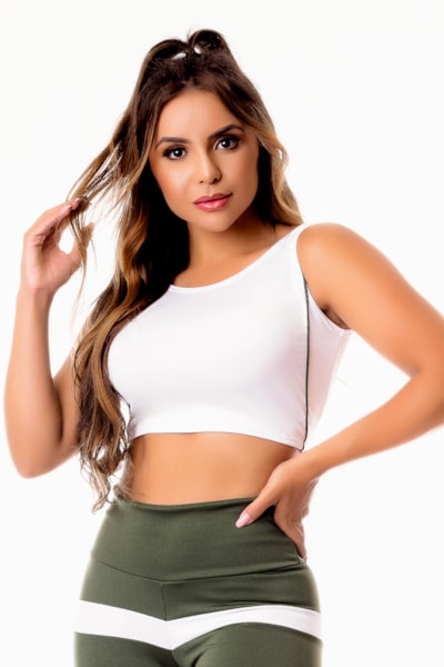 Top Cropped Fitness Academia Branco com Vivo Verde Militar REF: SV15