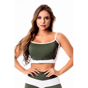 Top Cropped Fitness Academia Verde Militar com Branco REF: SV28