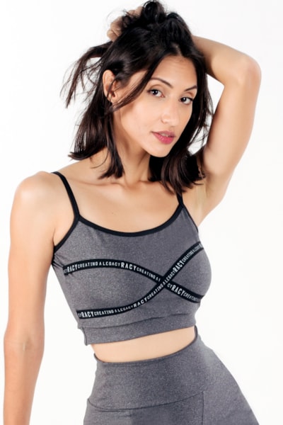 Top Cropped Fitness Alcinha e Elásticos em X Cinza Mescla REF: CCRPA4