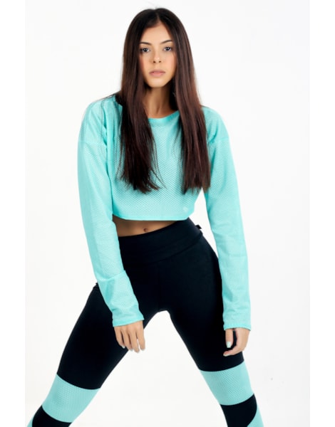 Top Cropped Fitness Manga Longa de Tela Dry Fit Azul Turquesa REF: CCRPA9 Top Cropped Fitness Manga Longa de Tela Dry Fit Azul Turquesa REF: CCRPA9