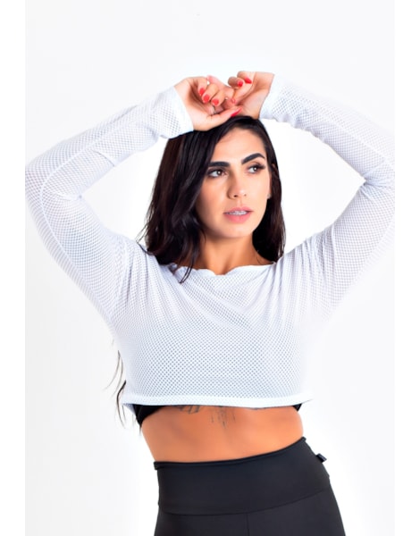 Top Cropped Fitness Manga Longa de Tela Dry Fit Branco REF: CCRPA9 Top Cropped Fitness Manga Longa de Tela Dry Fit Branco REF: CCRPA9