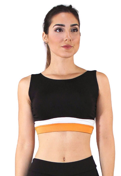 Top Cropped Fitness Preto Faixa Amarelo e Branco REF: CC23