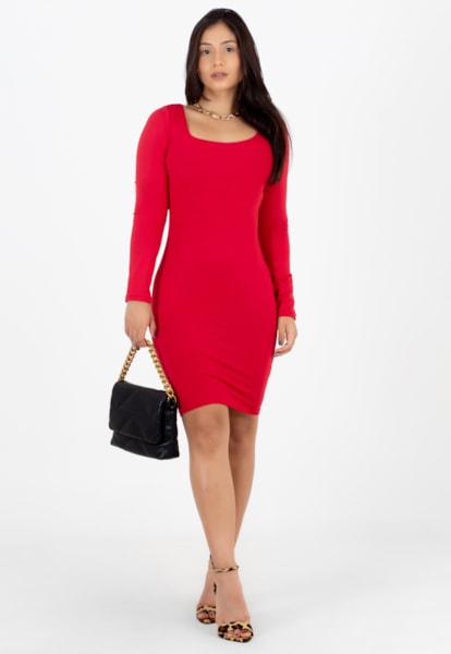 Vestido Curto Tubinho Manga Longa Vermelho | NR23