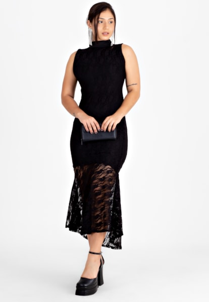 Vestido De Renda Midi Gola Alta Preto | VRP3