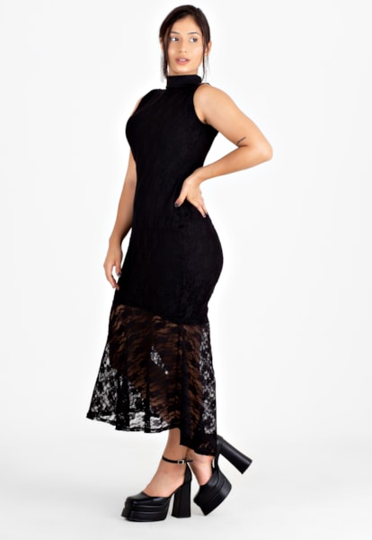 Vestido De Renda Midi Gola Alta Preto | VRP3