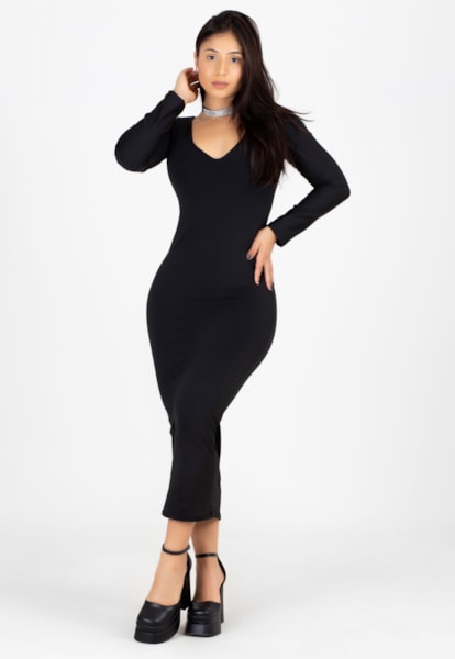Vestido Feminino Midi Manga Longa com Decote Preto | V140