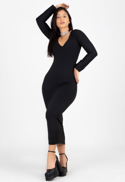 Vestido Feminino Midi Manga Longa com Decote Preto | V140