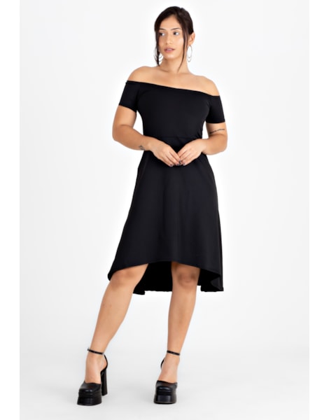 Vestido Feminino Midi Ombro a Ombro Godê Preto | VRP304 Vestido Feminino Midi Ombro a Ombro Godê Preto | VRP304