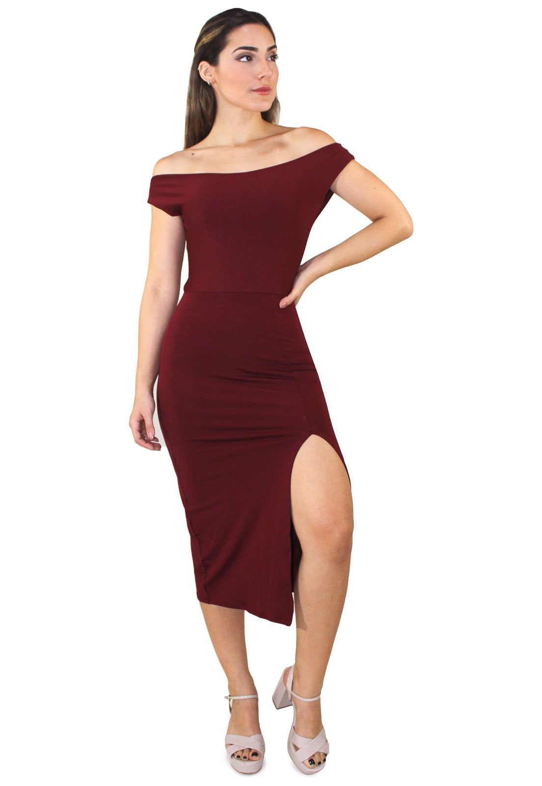 Vestido Feminino Ombro a Ombro com Fenda REF: NR002