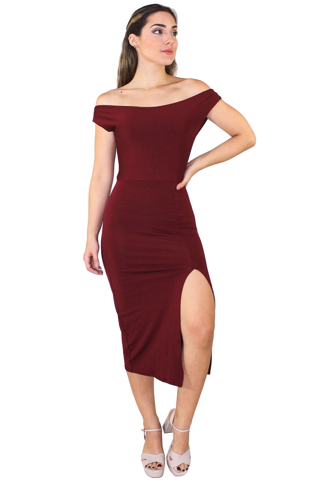 Vestido Feminino Ombro a Ombro com Fenda REF: NR002